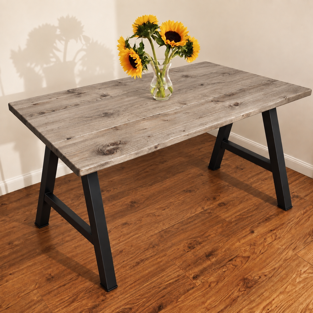 Driftwood Grey flat-edge pine dining table with A-frame legs — illustrative preview