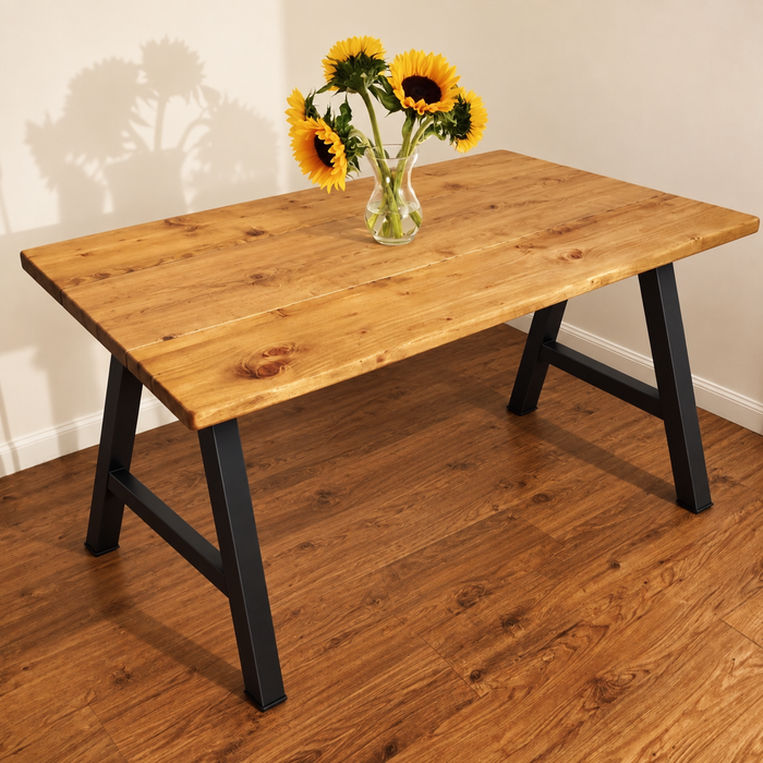 Rustic pine dining table in Light Oak with black A-frame legs