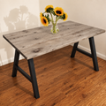 Driftwood Grey flat-edge pine dining table with A-frame legs — illustrative preview