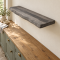 Driftwood Grey live edge shelf handmade by Rutherford Works in a warm country kitchen