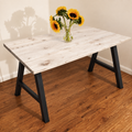 Soft White flat-edge pine dining table with A-frame legs — illustrative preview